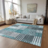 8' X 10' Teal Blue Aqua And Gray Striped Washable Indoor Outdoor Area Rug