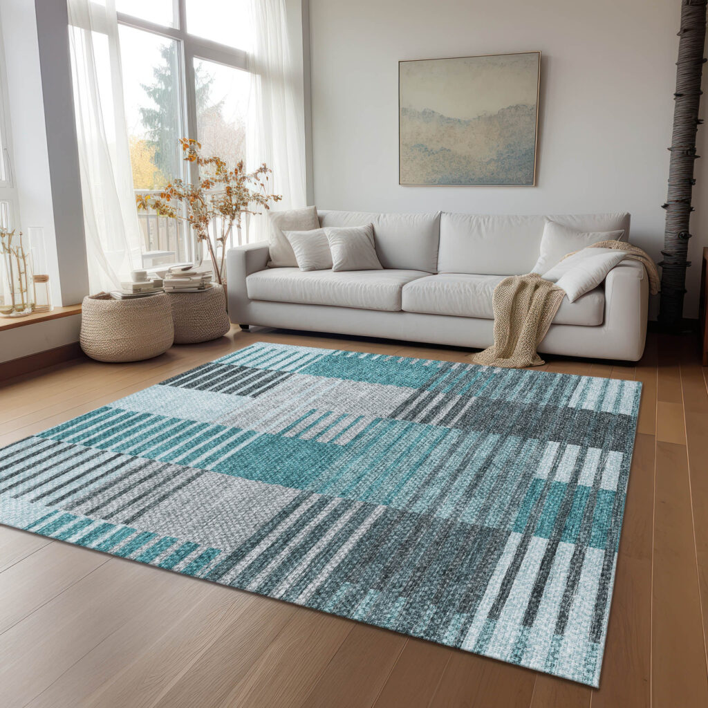 8' X 10' Teal Blue Aqua And Gray Striped Washable Indoor Outdoor Area Rug