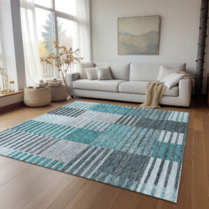 8' X 10' Teal Blue Aqua And Gray Striped Washable Indoor Outdoor Area Rug