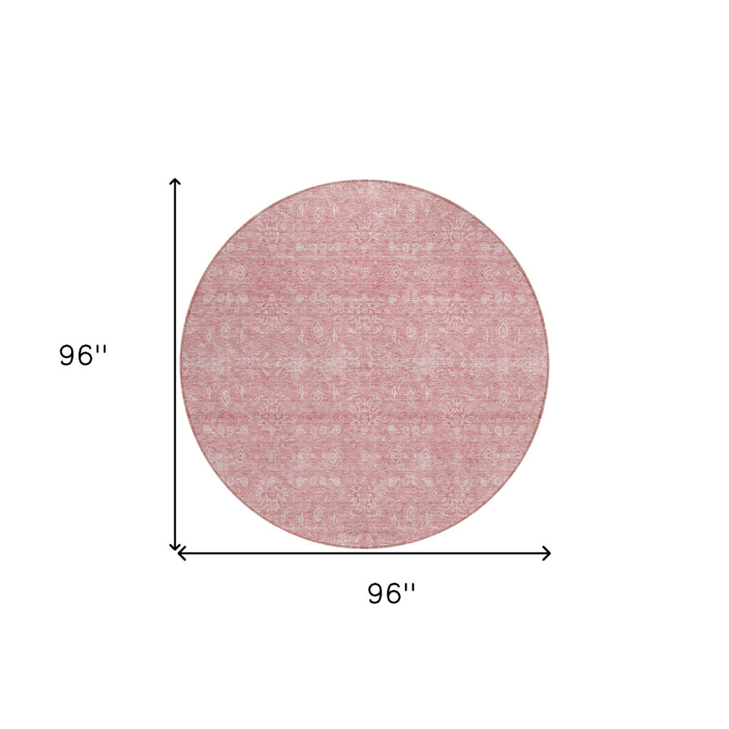 8' Blush Pink And Ivory Round Floral Washable Indoor Outdoor Area Rug