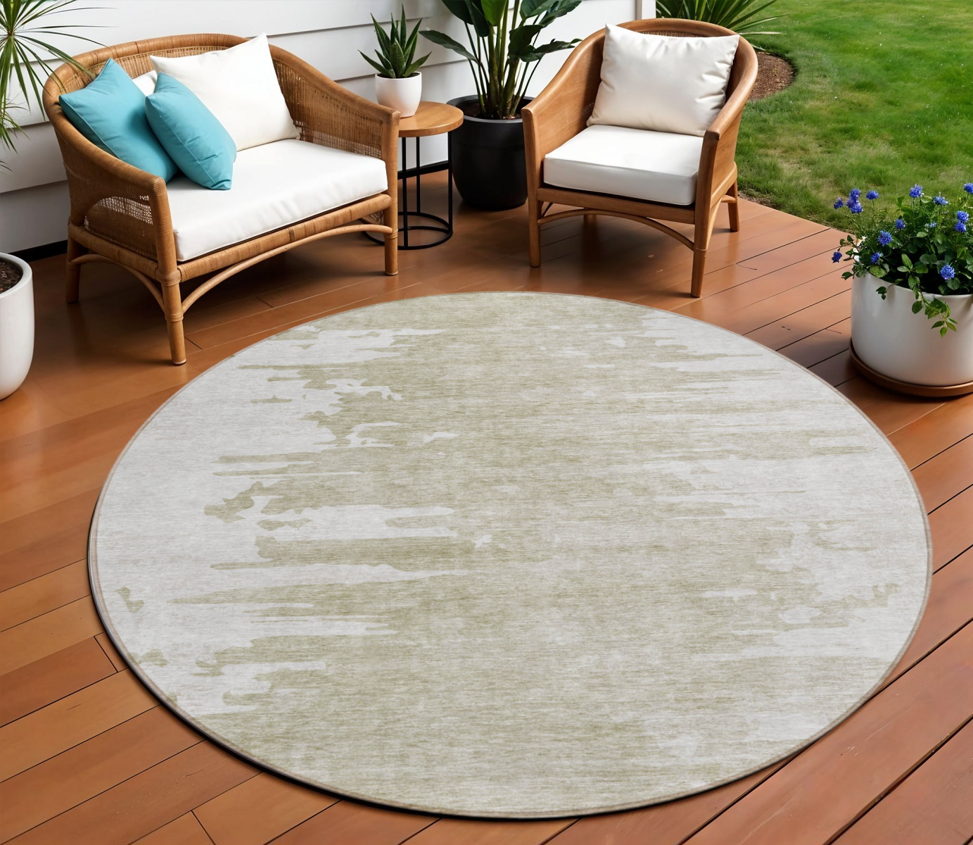 8' Taupe Beige And Tan Round Abstract Washable Indoor Outdoor Area Rug
