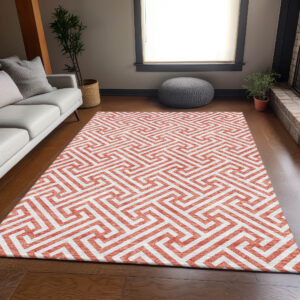 10' X 14' Salmon And Ivory Geometric Washable Indoor Outdoor Area Rug