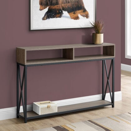 47" Taupe and Black Frame Console Table With Shelves