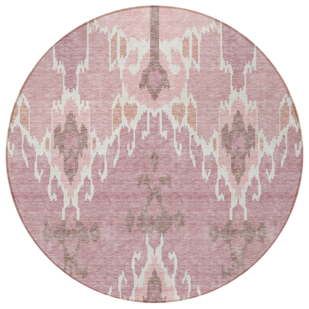 8' Blush Pink And Ivory Round Ikat Washable Indoor Outdoor Area Rug