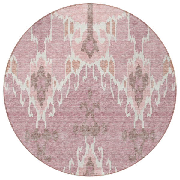 8' Blush Pink And Ivory Round Ikat Washable Indoor Outdoor Area Rug