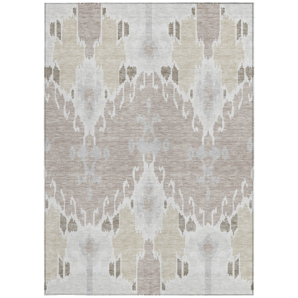 5' X 8' Ivory Beige And Taupe Ikat Washable Indoor Outdoor Area Rug