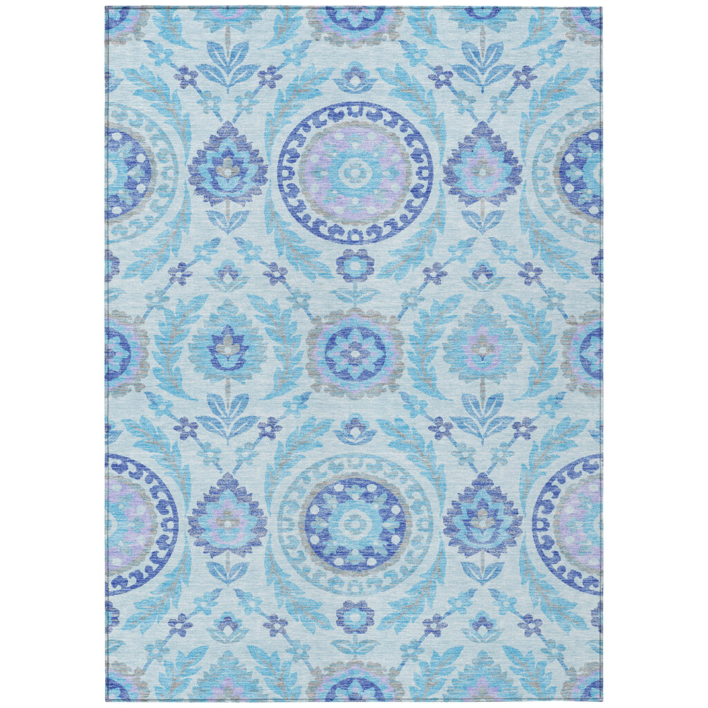 5' X 8' Sky Blue And Lavender Floral Washable Indoor Outdoor Area Rug
