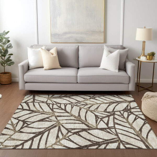 5' X 8' Chocolate And Beige Floral Washable Indoor Outdoor Area Rug