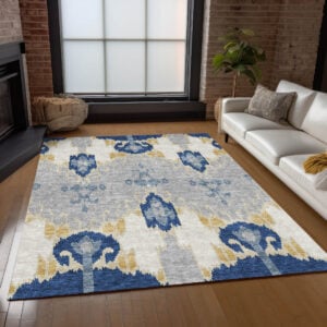 5' X 8' Navy Blue Ivory And Gray Ikat Washable Indoor Outdoor Area Rug