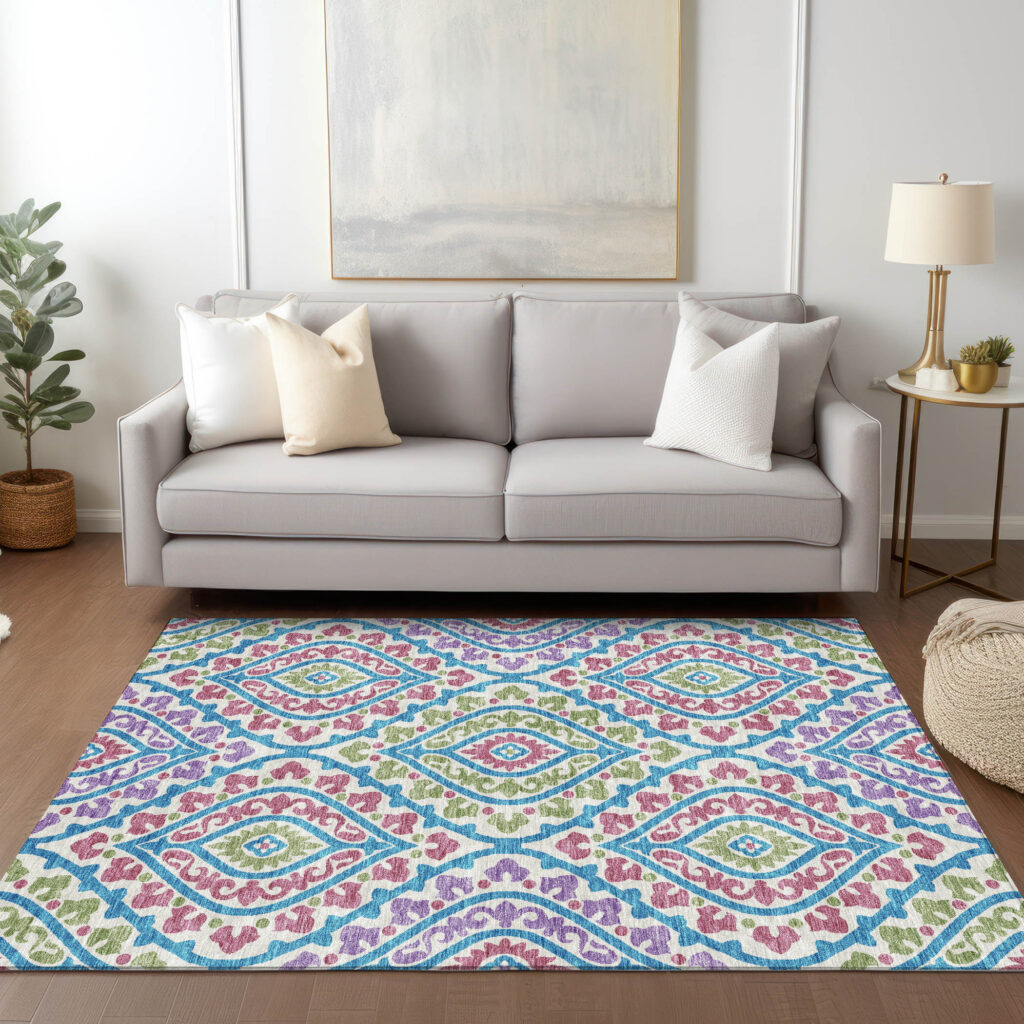 10' X 14' White Artichoke Green And Purple Floral Washable Indoor Outdoor Area Rug