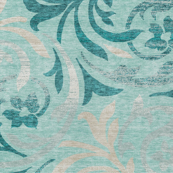 10' X 14' Teal Blue Aqua And Beige Floral Washable Indoor Outdoor Area Rug