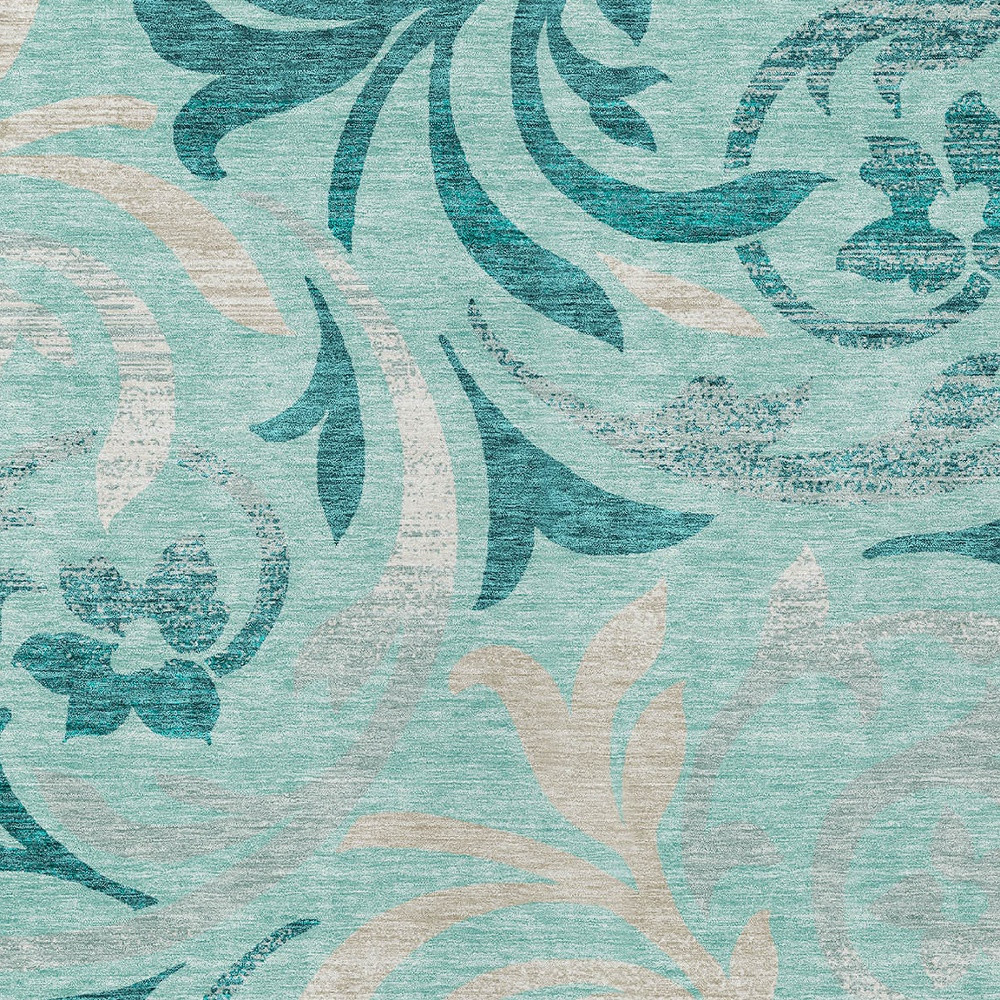 10' X 14' Teal Blue Aqua And Beige Floral Washable Indoor Outdoor Area Rug