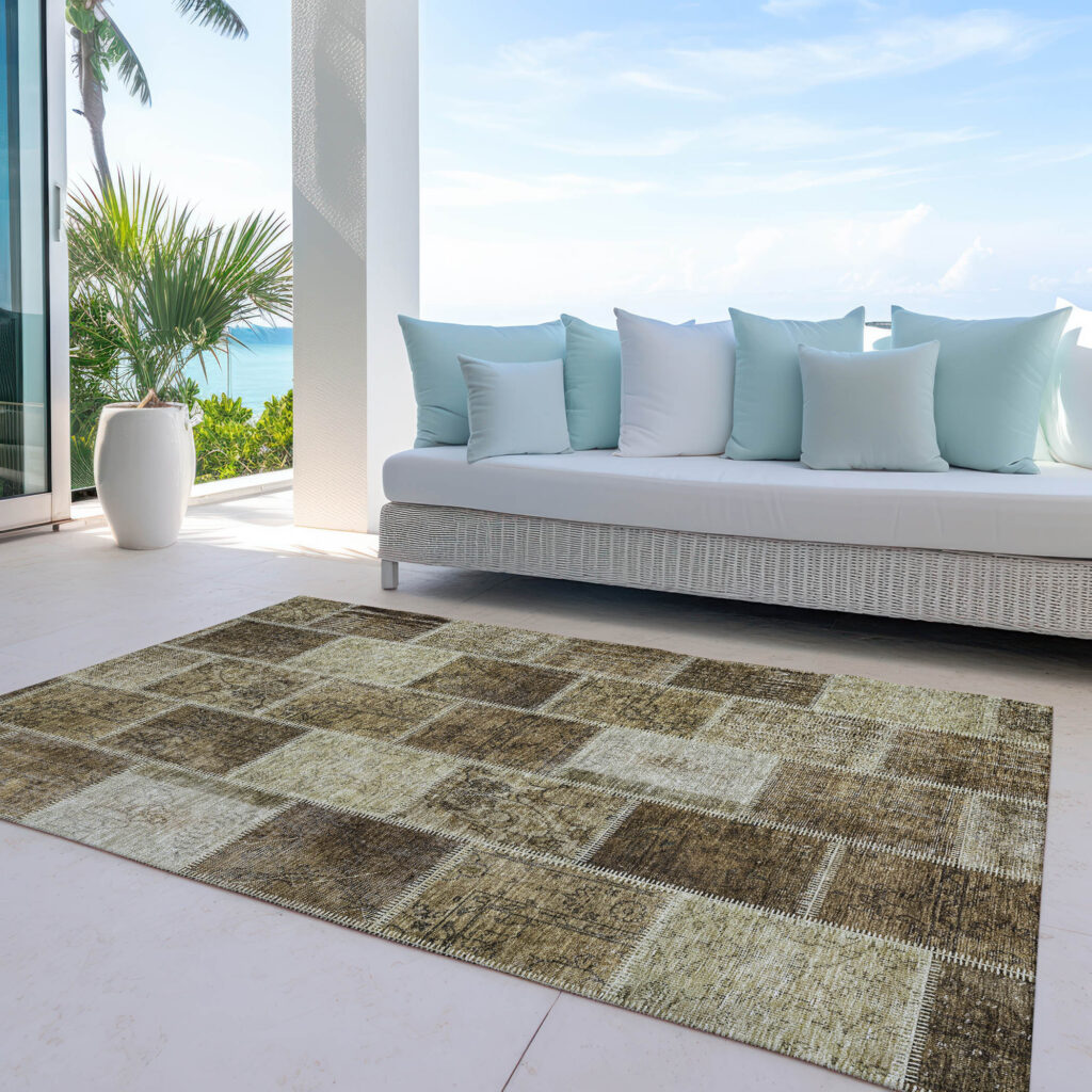 5' X 8' Brown Beige And Taupe Patchwork Washable Indoor Outdoor Area Rug