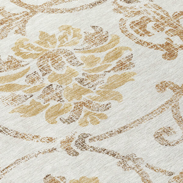 8' Ivory Beige And Gold Round Floral Washable Indoor Outdoor Area Rug