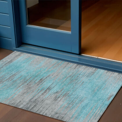 3' X 5' Teal Blue Charcoal And Gray Abstract Washable Indoor Outdoor Area Rug