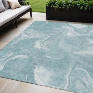 9' X 12' Teal Blue And Aqua Abstract Washable Indoor Outdoor Area Rug