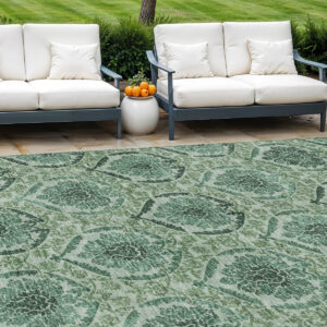 10' X 14' Fern Green And Emerald Medallion Washable Indoor Outdoor Area Rug