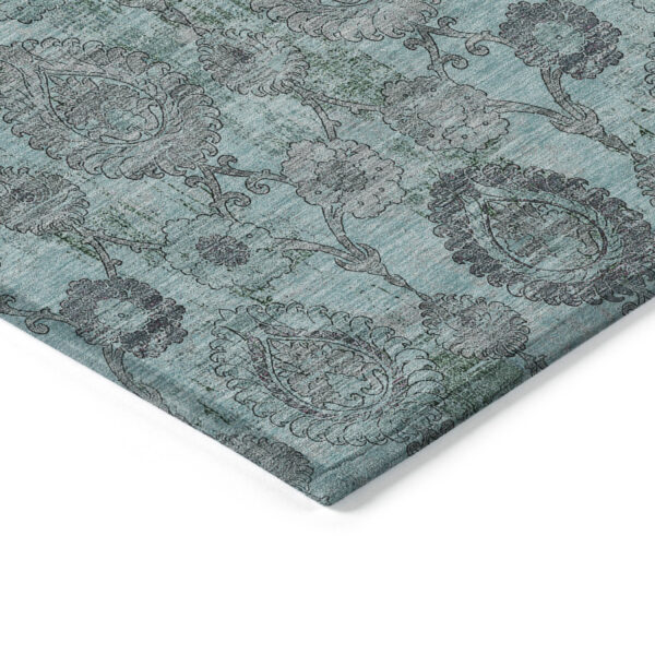 5' X 8' Turquoise Gray And Charcoal Damask Washable Indoor Outdoor Area Rug