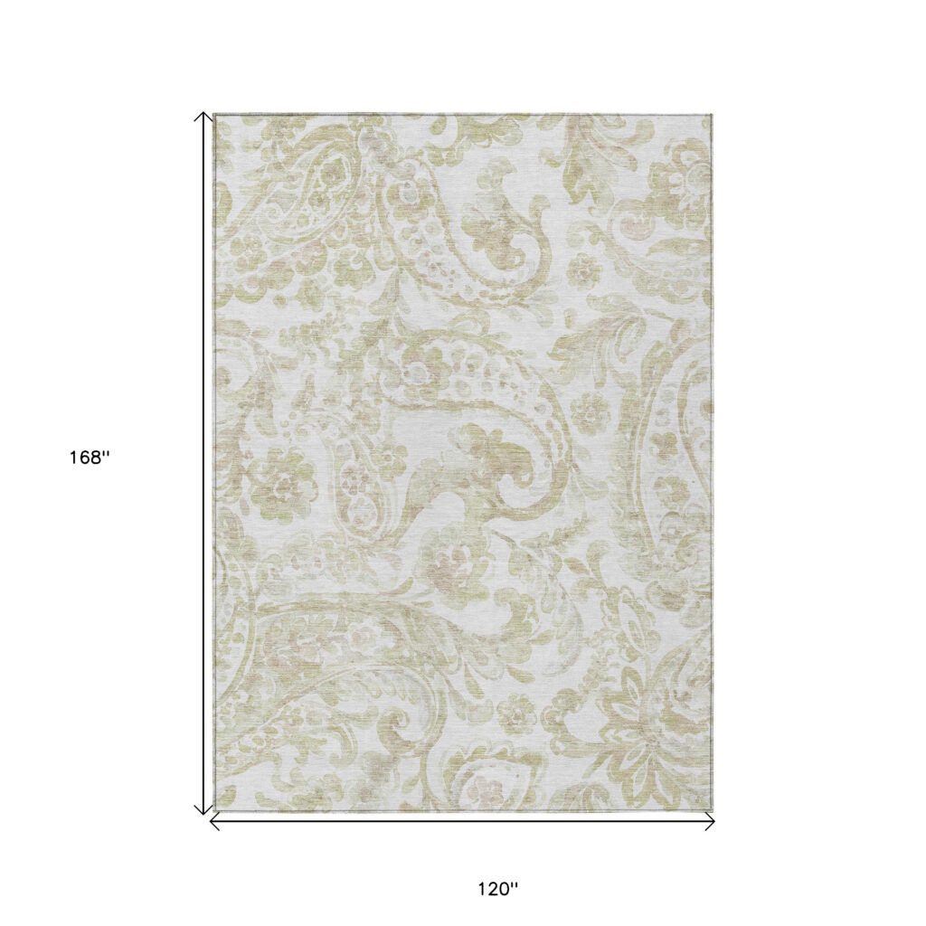 10' X 14' Beige Tan And Ivory Paisley Washable Indoor Outdoor Area Rug