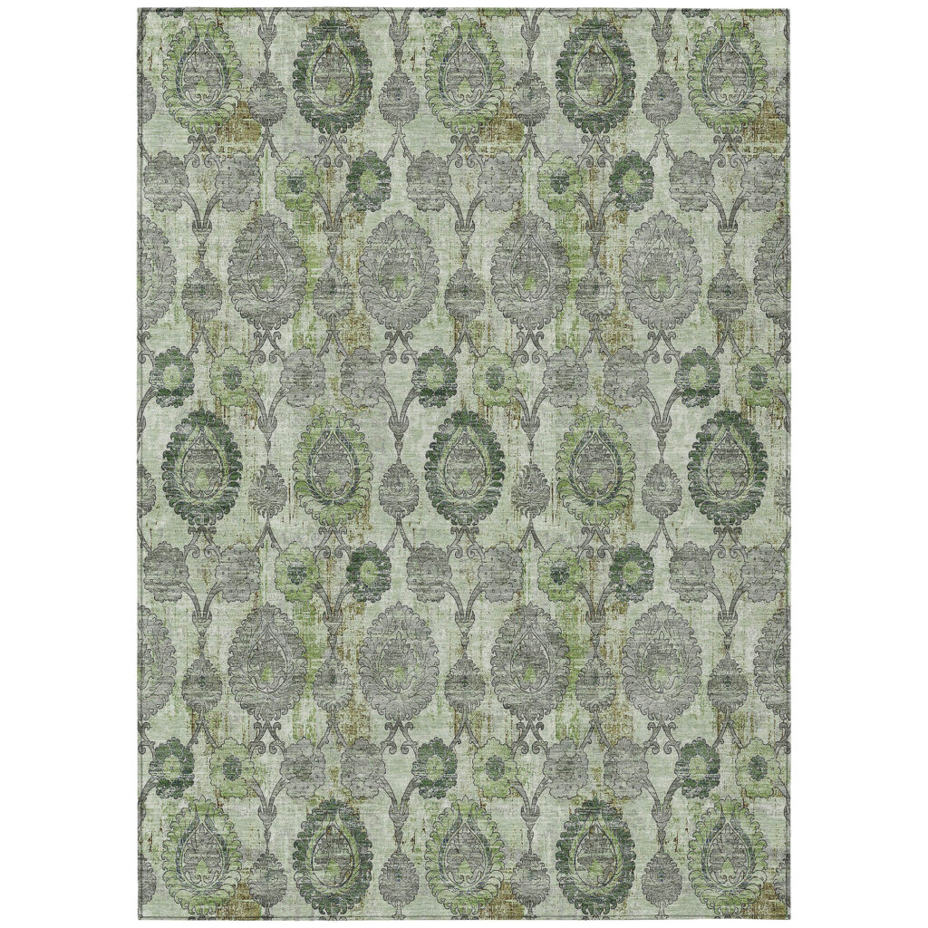 10' X 14' Artichoke Green And Fern Green Damask Washable Indoor Outdoor Area Rug