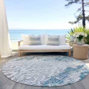 8' Teal Blue Gray And Ivory Round Medallion Washable Indoor Outdoor Area Rug