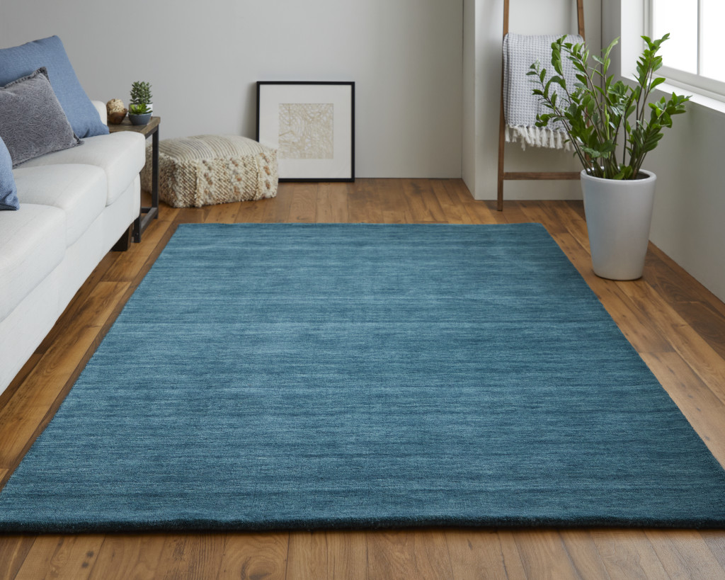5' X 8' Blue And Green Wool Hand Woven Stain Resistant Area Rug