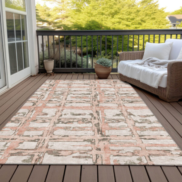 10' X 14' Pink Beige And Taupe Striped Washable Indoor Outdoor Area Rug