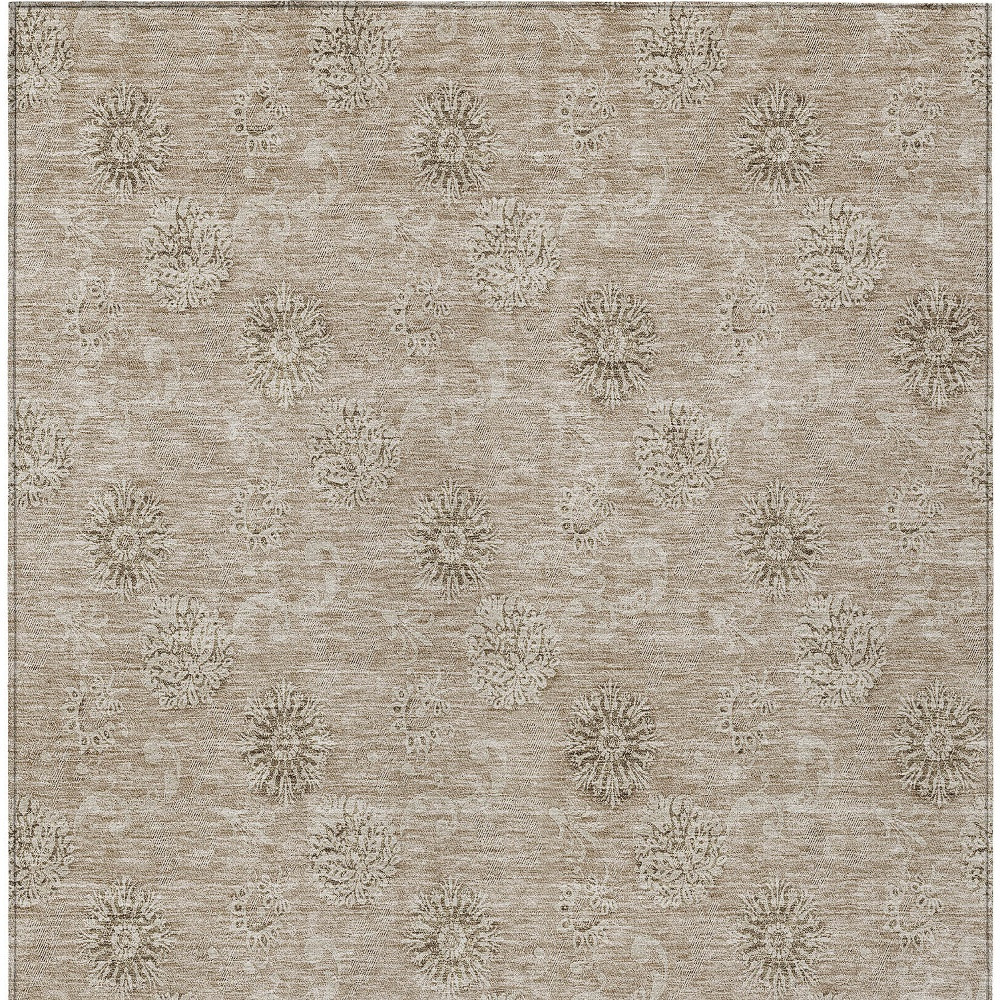 8' X 10' Khaki Beige And Tan Floral Washable Indoor Outdoor Area Rug