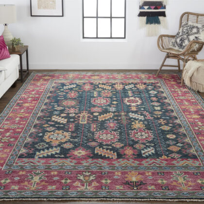 4' X 6' Pink Blue And Orange Wool Floral Hand Knotted Distressed Stain Resistant Area Rug With Fringe