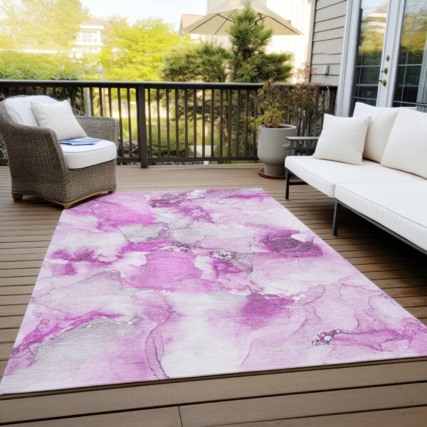 9' X 12' Pink and Ivory Abstract Washable Non Skid Indoor Outdoor Area Rug