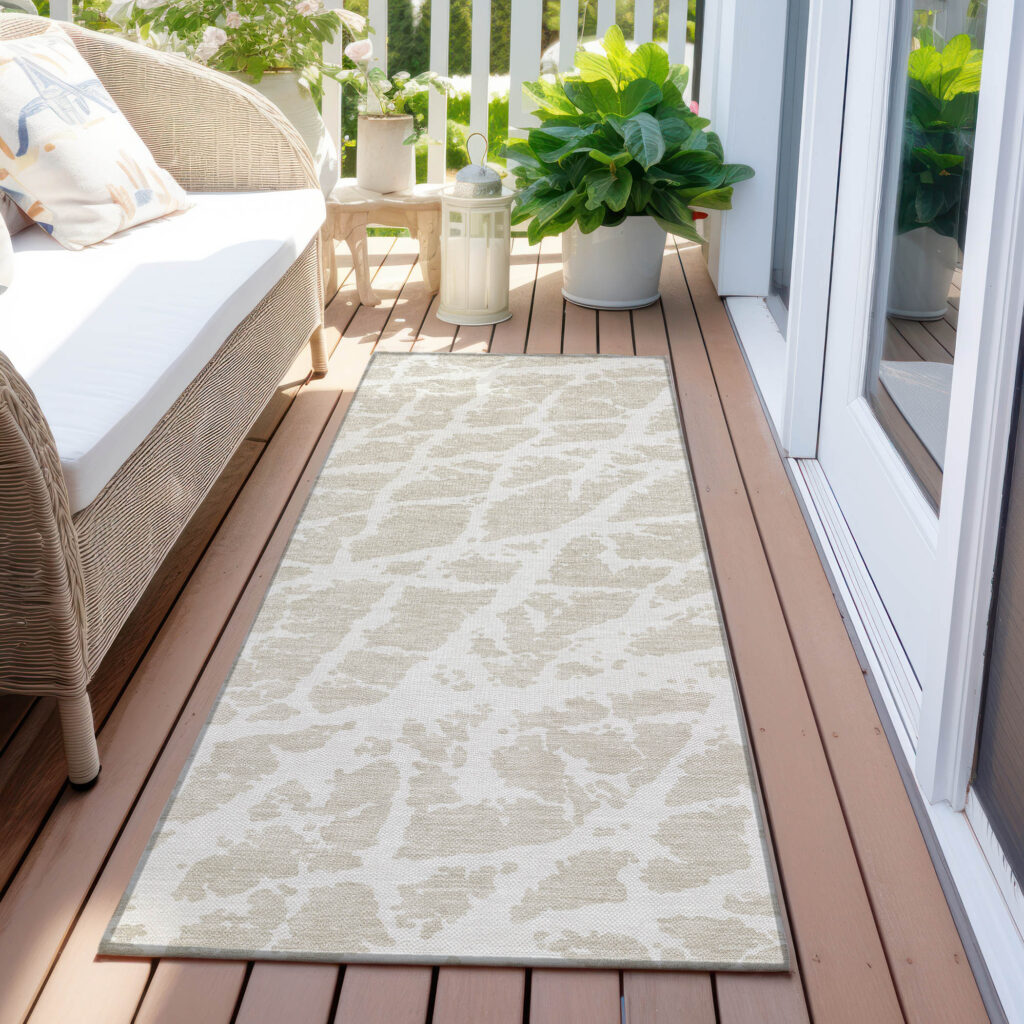 8' Runner Beige and Ivory Abstract Washable Non Skid Indoor Outdoor Runner Rug