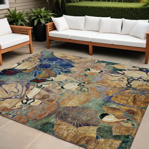 8' X 10' Beige and Blue Abstract Washable Indoor Outdoor Area Rug