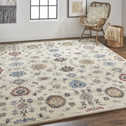 8' X 10' Ivory Blue And Tan Wool Floral Tufted Handmade Stain Resistant Area Rug