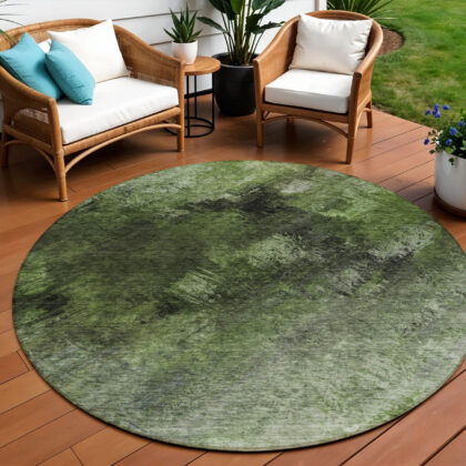 8' Green And Ivory Round Abstract Washable Indoor Outdoor Area Rug