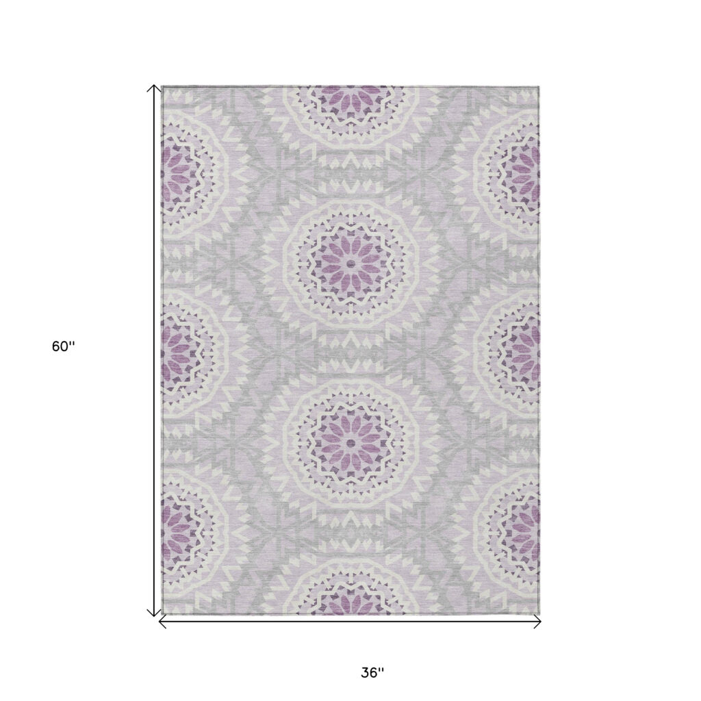 3' X 5' Lilac Purple And Ivory Floral Medallion Washable Indoor Outdoor Area Rug