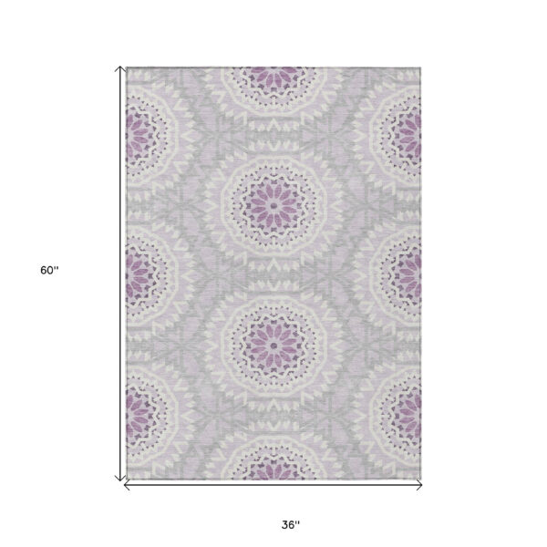 3' X 5' Lilac Purple And Ivory Floral Medallion Washable Indoor Outdoor Area Rug
