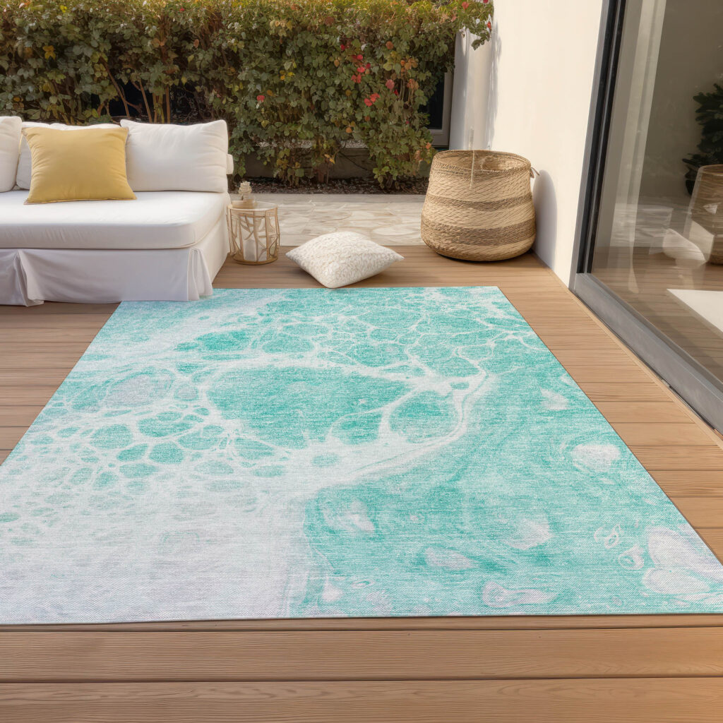 8' X 10' Aqua Teal Blue And Ivory Nautical Washable Indoor Outdoor Area Rug