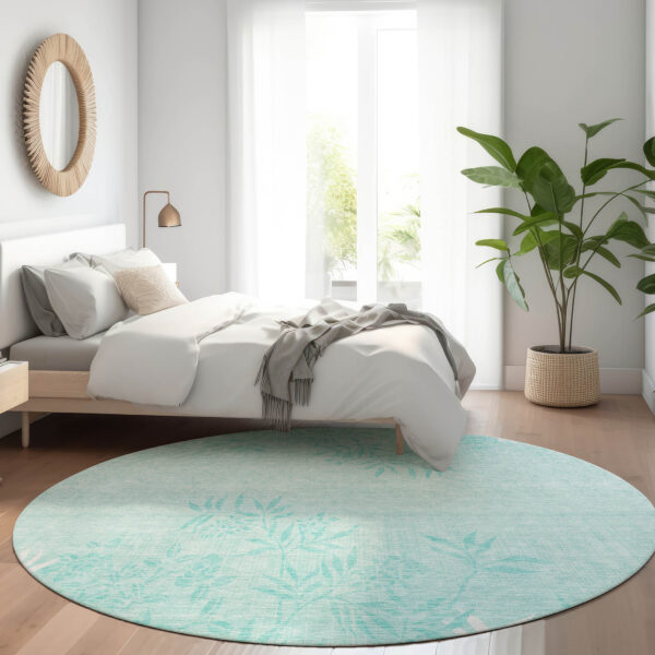 8' Teal Blue Aqua And Ivory Round Floral Washable Indoor Outdoor Area Rug