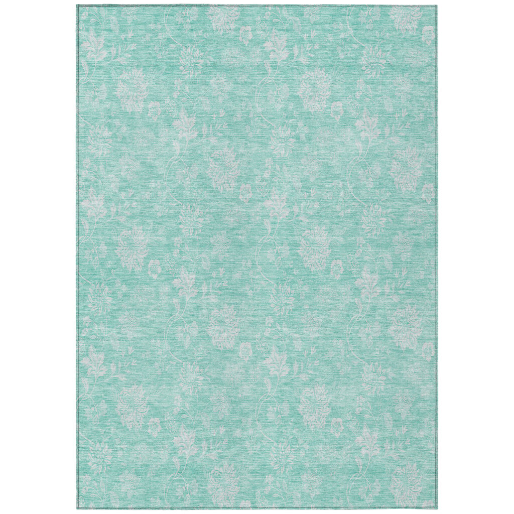 10' X 14' Aqua And Ivory Floral Washable Indoor Outdoor Area Rug