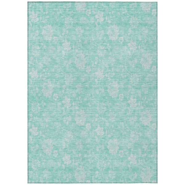 10' X 14' Aqua And Ivory Floral Washable Indoor Outdoor Area Rug