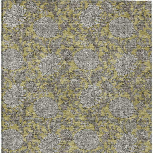 5' X 8' Gold Gray And Charcoal Floral Washable Indoor Outdoor Area Rug