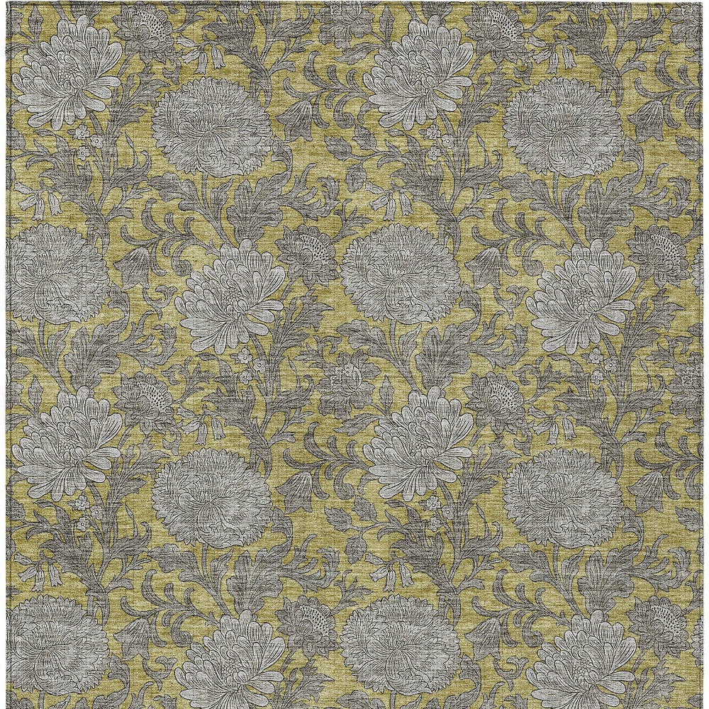 5' X 8' Gold Gray And Charcoal Floral Washable Indoor Outdoor Area Rug
