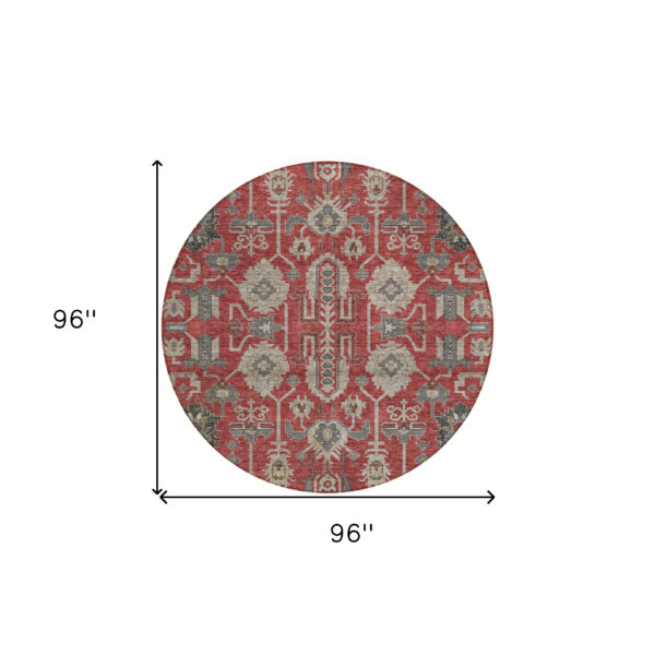 8' Red Beige And Charcoal Round Oriental Washable Indoor Outdoor Area Rug