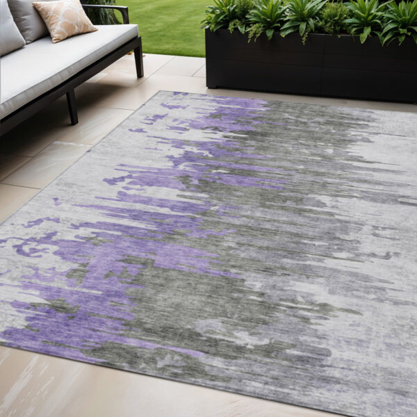 5' X 8' Purple Ivory And Charcoal Abstract Washable Indoor Outdoor Area Rug