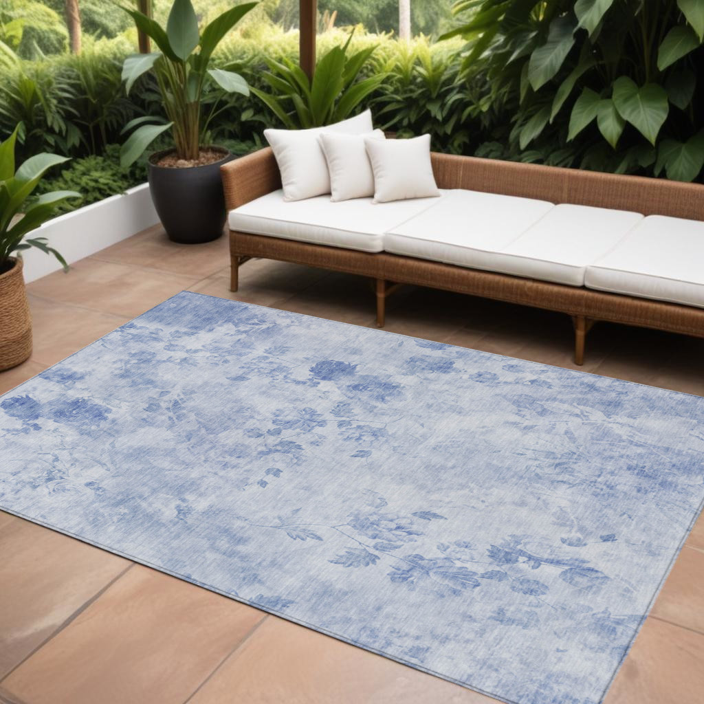 10' X 14' Sky Blue And Denim Blue Floral Washable Indoor Outdoor Area Rug