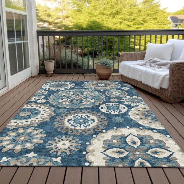 5' X 8' Navy Blue And Taupe Floral Medallion Washable Indoor Outdoor Area Rug