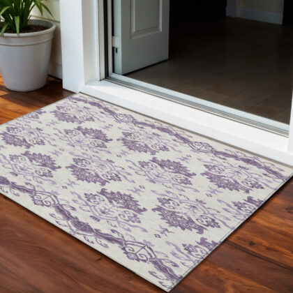 3' X 5' Purple Silver And Lilac Oriental Washable Indoor Outdoor Area Rug