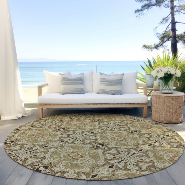 8' Brown Beige And Tan Round Medallion Washable Indoor Outdoor Area Rug