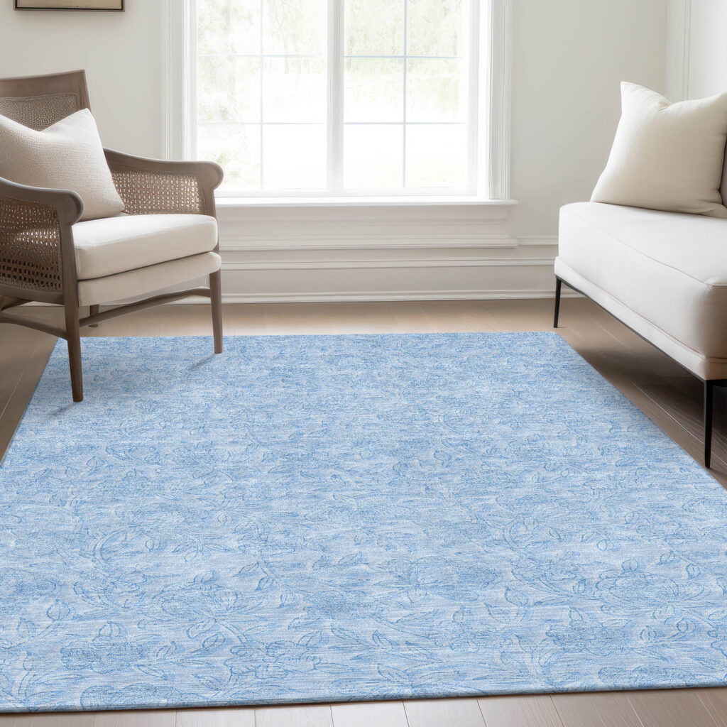 10' X 14' Sky Blue And Blue Floral Washable Indoor Outdoor Area Rug