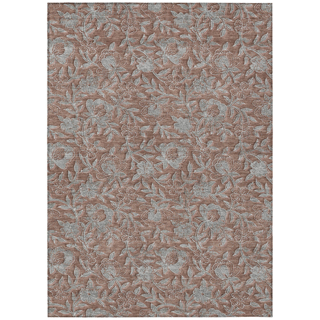 8' X 10' Terra Cotta Copper And Taupe Floral Washable Indoor Outdoor Area Rug